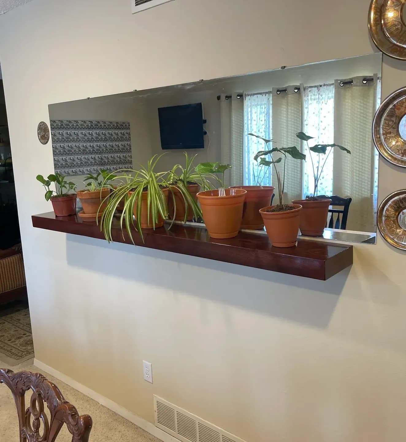 Alder floating shelf with red dye and poly finish