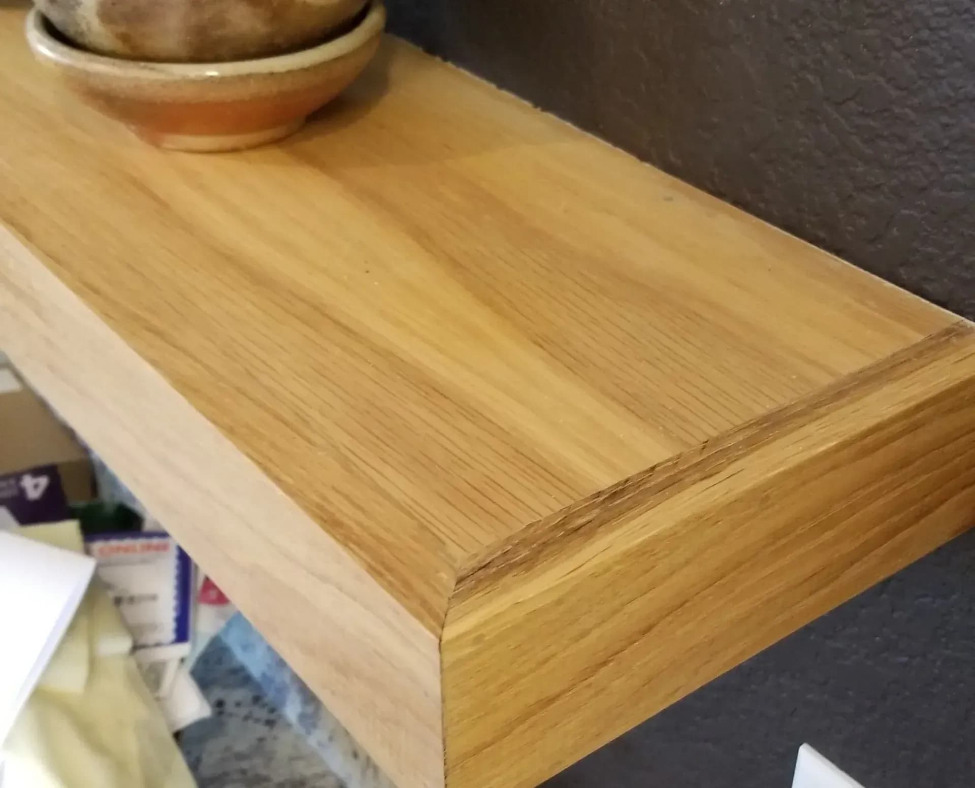 White oak floating shelf with smooth sanded finish